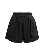 Patch Side Pocket Faux Leather Utility Shorts in Black