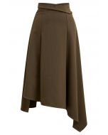 Belt Trim Asymmetry Flowy Midi Skirt in Khaki