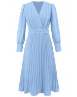 Graceful Pleats Faux-Wrap Belted Midi Dress in Blue