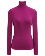 Faux-Wrap Mock Neck Long-Sleeve Top in Magenta