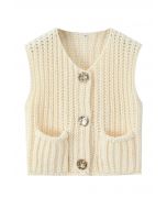 Bold Golden Buttons Patch Pocket Chunky Knit Vest in Cream