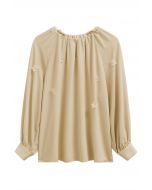 3D Floret Pearly Cutout Puff Sleeve Shirt in Mustard