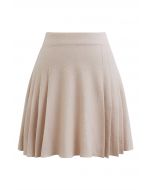 Side Pleats Knit Mini Skirt in Light Tan