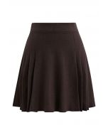 Side Pleats Knit Mini Skirt in Brown