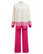 Two-Tone Striped Mock Neck Knit Sweater and Pants Set in Pink