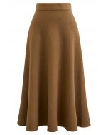 Solid Color A-Line Knit Midi Skirt in Camel