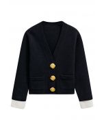 Eye-Catching Golden Stud Button Contrast Knit Cardigan in Black