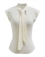 Ribbon-Tied Neckline Cap Sleeve Knit Top in Cream