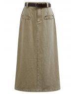 Utility Chic Belted Pocket Trim Denim Skirt in Sand