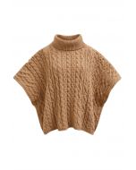 Warmth Turtleneck Cable Knit Cape Sweater in Camel