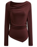 Asymmetrical Neckline Ruched Detail Top in Burgundy