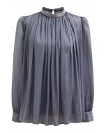 Sparkling Beaded Neckline Sheer Top in Grey