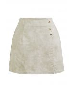 Marble Beads Decor Faux Leather Mini Skirt in Ivory