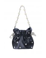 Rhinestone Decor Drawstring Shoulder Bag in Black