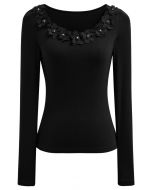 3D Flowers Neckline Long Sleeve Fitted Top in Black