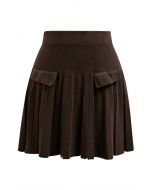 Decorative Pocket Pleated Knit Mini Skirt in Brown