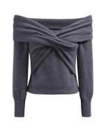 Crisscross Front Off-Shoulder Fuzzy Knit Top in Smoke