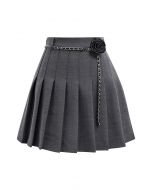 Rose Brooch Chain Belt Pleats Mini Skirt in Smoke