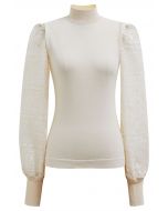 Mock Neck Embroidered Lantern Sleeve Knit Top in Cream