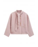 Detachable Tie-Neck Golden Button Knit Coat in Pink