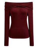 Ruched Fold Neckline Long Sleeve Off-Shoulder Top in Red