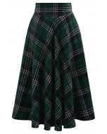 Sophisticated Plaid A-Line Midi Skirt in Dark Green