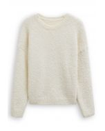 Ribbed Fuzzy Soft Knit Sweater in Cream