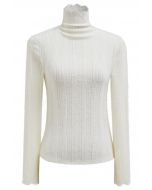 Fuzzy Ribbed Texture High Neck Top in White