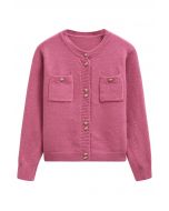 Stylish Button Shimmer Fringe Knit Cardigan in Candy Pink