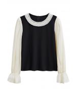 Contrast Pearl Trim Ruffle Neck Flare Cuff Top in Black