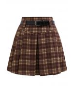 Pretty Plaid Box Pleat Belted Mini Skirt in Plum