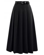 All Seasons Belted Pleated Midi Skirt in Black