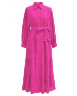 Delicate Eyelet Embroidery Tie-Waist Buttoned Midi Dress in Hot Pink