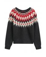 Winter Whimsy Fair Isle Ribbed Knit Sweater in Smoke