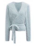 Wrap V-Neck Tie-Waist Fuzzy Knit Top in Light Blue