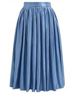 Glossy Blue Pleated Midi Skirt