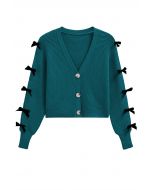 Bowknot Split Sleeve Button Down Cropped Cardigan in Teal