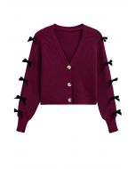 Bowknot Split Sleeve Button Down Cropped Cardigan in Berry