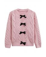 Bowknot Snap Button Braid Knit Cardigan in Pink