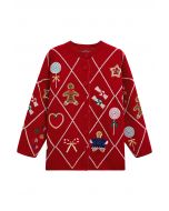 Cheer Christmas Gingerbread Buttoned Knit Cardigan in Red