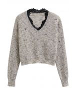 Soft Contrast Lace Neckline Ripped Knit Top in Grey