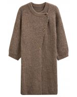 Warmth Wrapped Asymmetric Buttoned Knit Longline Cardigan in Brown