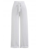 Casual Tie-String Fringed Knit Pants in White