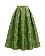 Embossed Rose Jacquard A-Line Pleated Midi Skirt in Green