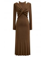 Cutout Shoulders Cross Front Knit Midi Dress in Caramel