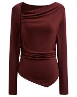 Asymmetrical Neckline Ruched Detail Top in Burgundy