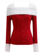 Contrast Fuzzy Folded Shoulder Button Knit Top in Red