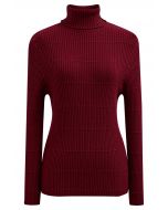 Softness Turtleneck Ribbed Texture Knit Top in Burgundy