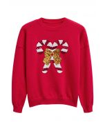 Sequin Bowknot Candy Cane Knit Sweater in Red