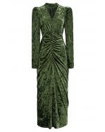 Choker Neck Button Ruched Velvet Midi Dress in Green